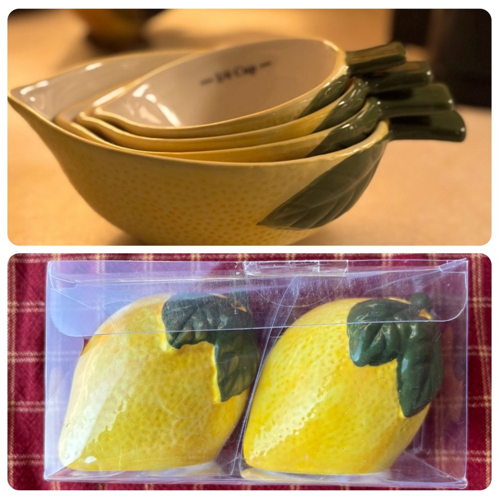 Vintage NESTING LEMON Ceramic MEASURING CUPS & S&P shakers
